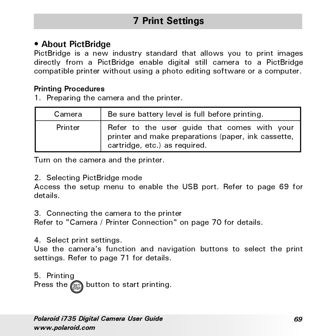 Polaroid i735 manual Print Settings, About PictBridge, Printing Procedures 