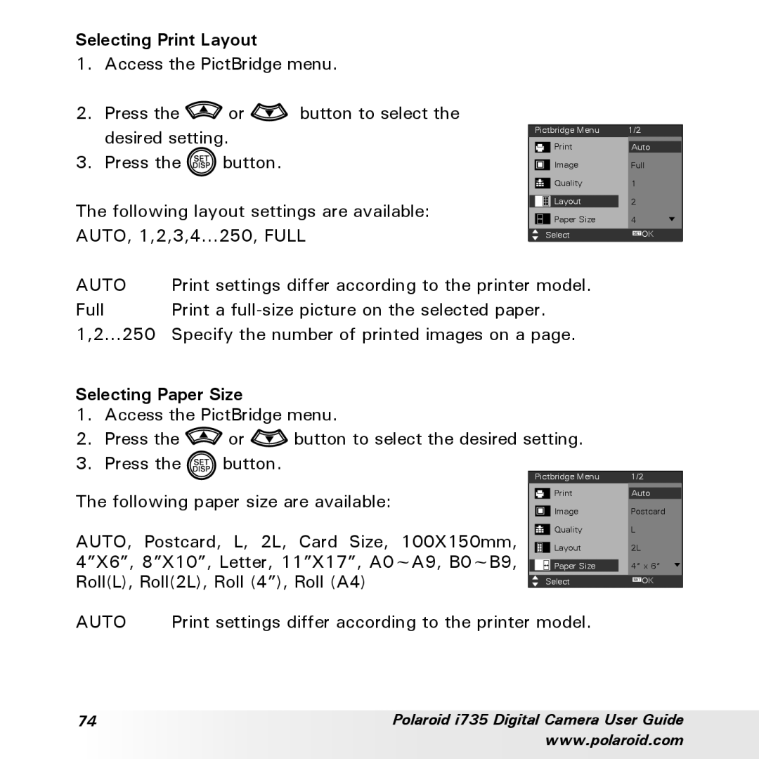 Polaroid i735 manual Selecting Print Layout, Selecting Paper Size 