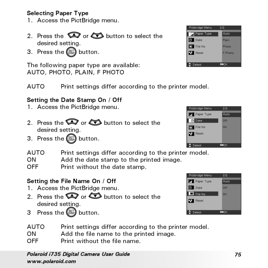 Polaroid i735 manual Selecting Paper Type, Setting the File Name On / Off 