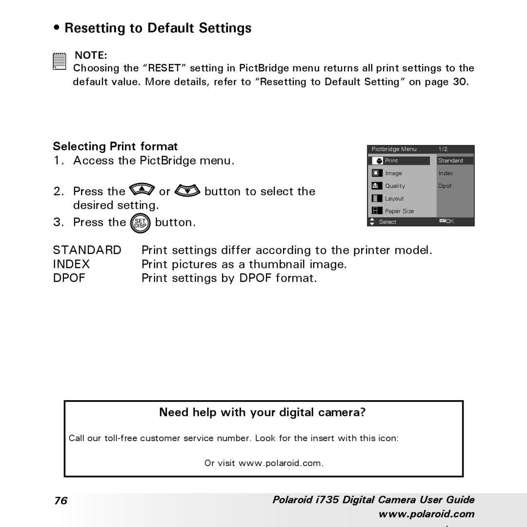 Polaroid i735 manual Resetting to Default Settings, Selecting Print format 