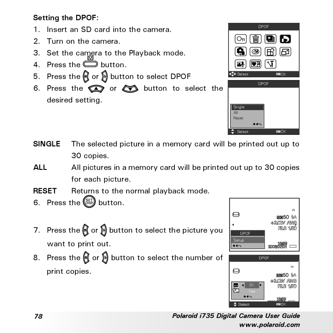 Polaroid i735 manual Setting the Dpof, Reset 