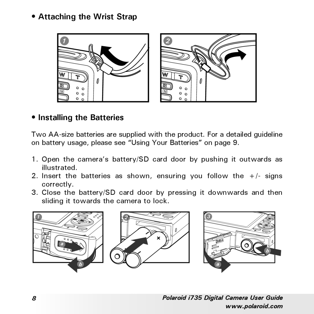 Polaroid i735 manual Attaching the Wrist Strap Installing the Batteries 