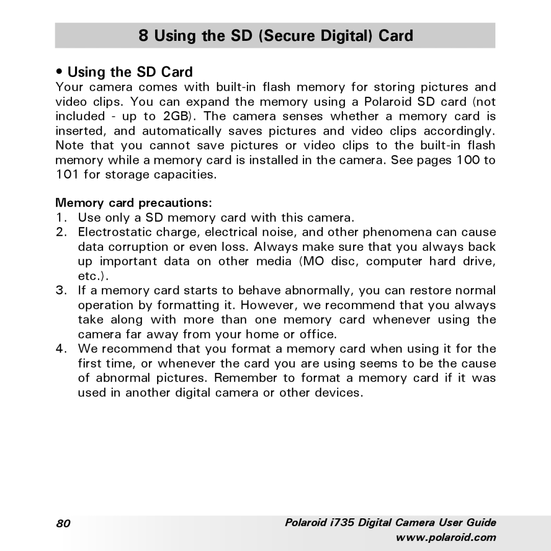 Polaroid i735 manual Using the SD Secure Digital Card, Using the SD Card, Memory card precautions 