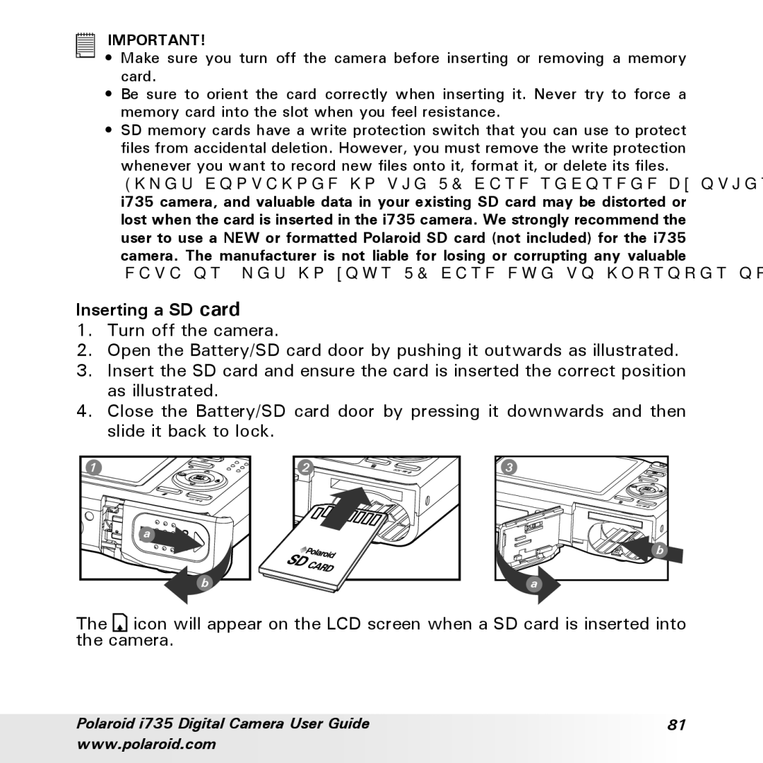 Polaroid i735 manual Inserting a SD card 