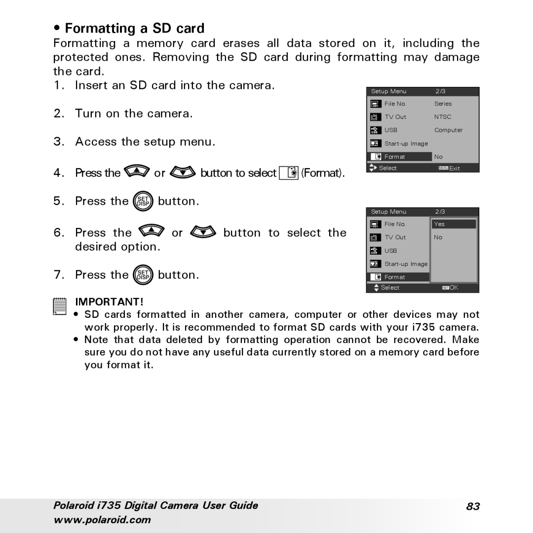 Polaroid i735 manual Formatting a SD card 