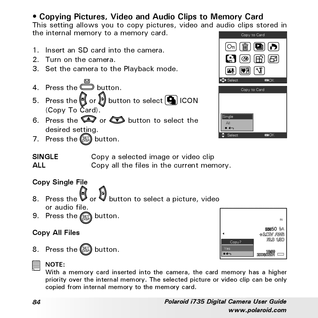 Polaroid i735 Copying Pictures, Video and Audio Clips to Memory Card, Copy a selected image or video clip, Copy All Files 