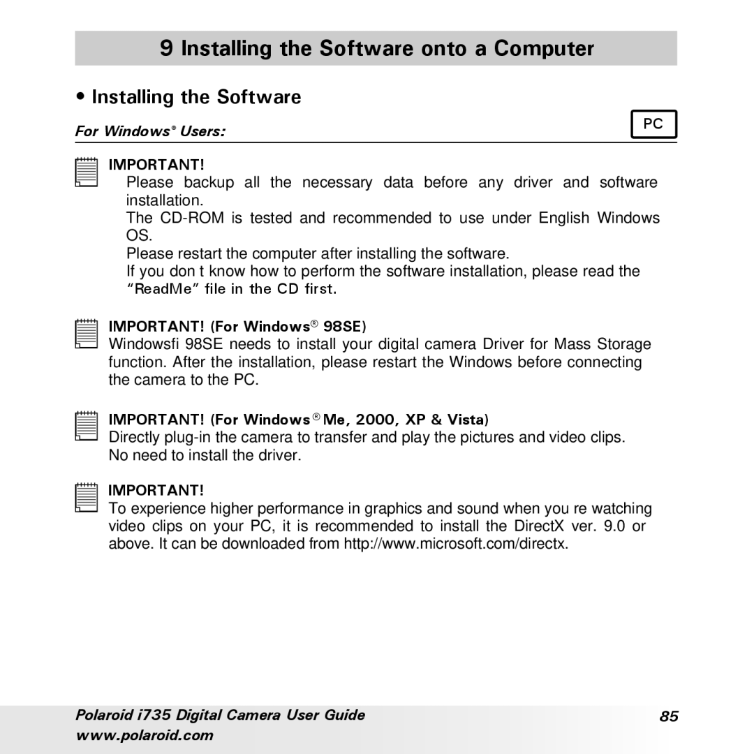 Polaroid i735 manual Installing the Software onto a Computer 