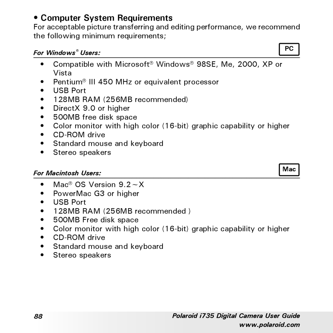 Polaroid i735 manual Computer System Requirements 