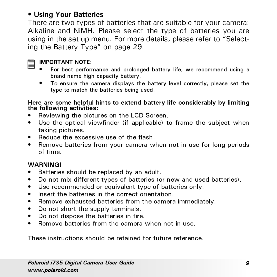 Polaroid i735 manual Using Your Batteries, Important Note 