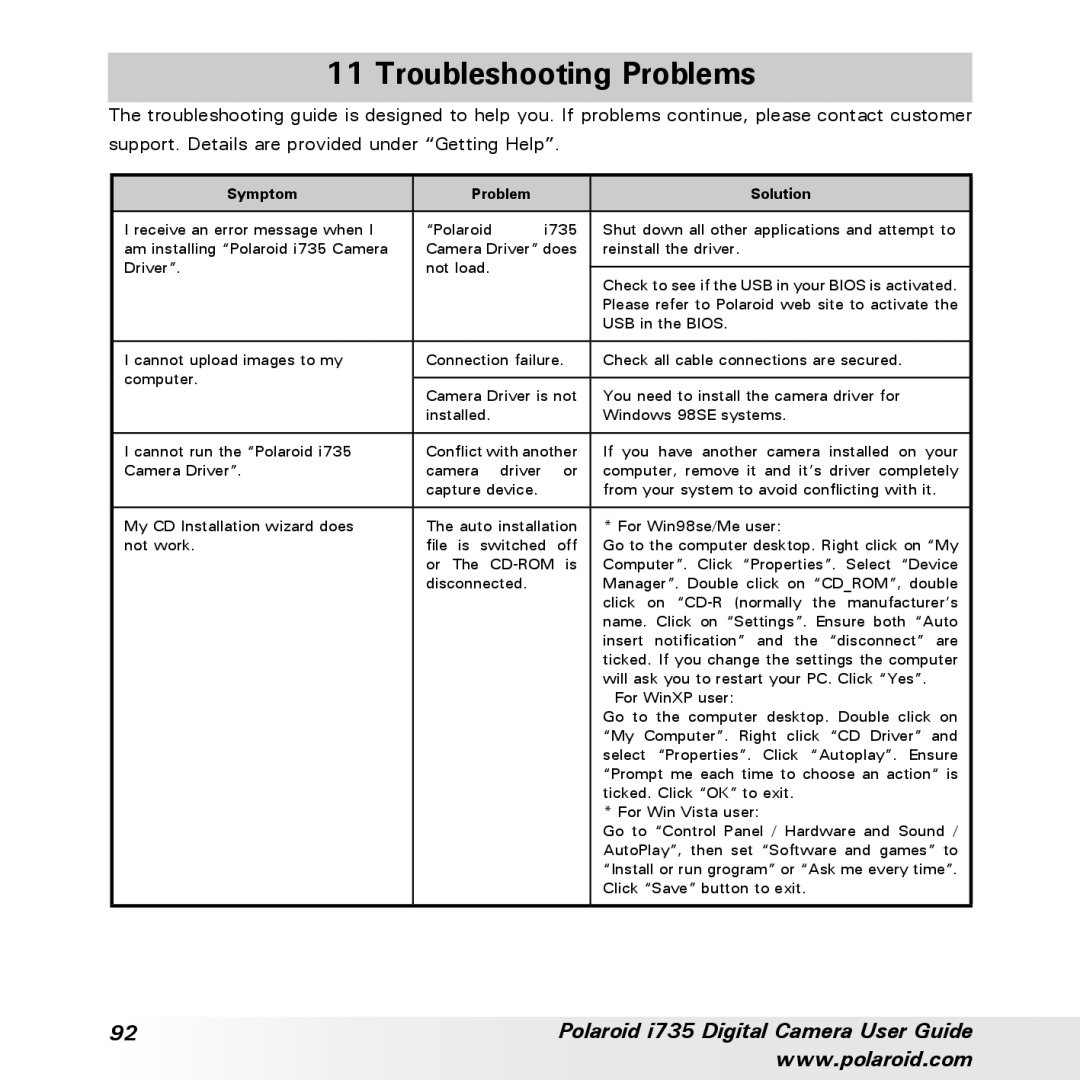 Polaroid i735 manual Troubleshooting Problems, Symptom Problem Solution 