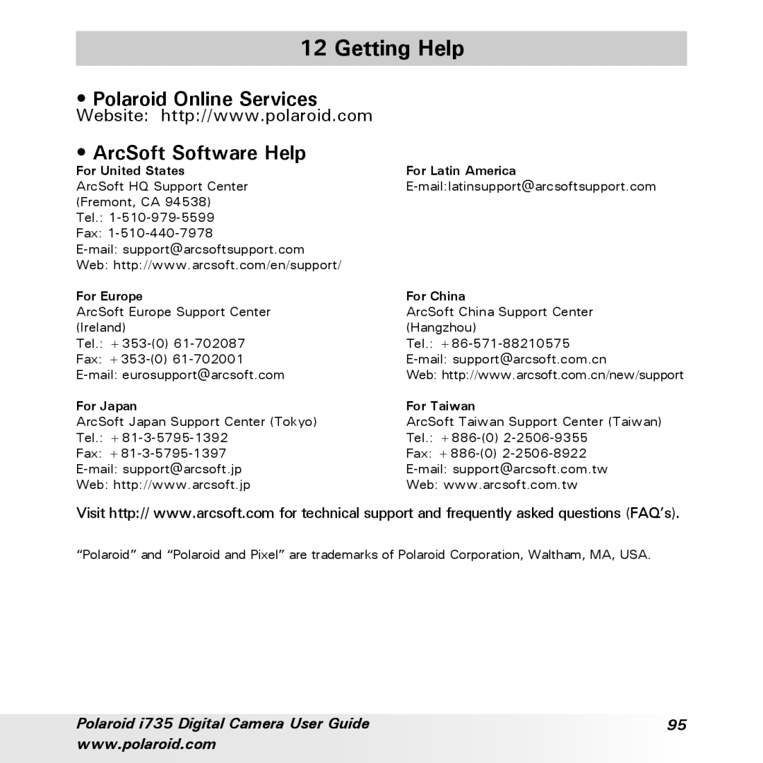 Polaroid i735 manual Getting Help, Polaroid Online Services ArcSoft Software Help 