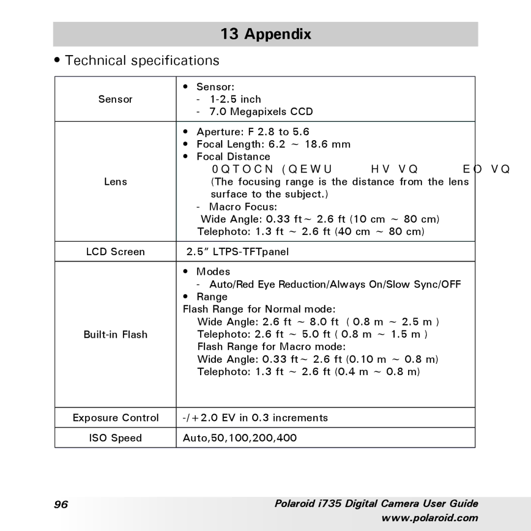 Polaroid i735 manual Appendix, Technical specifications 