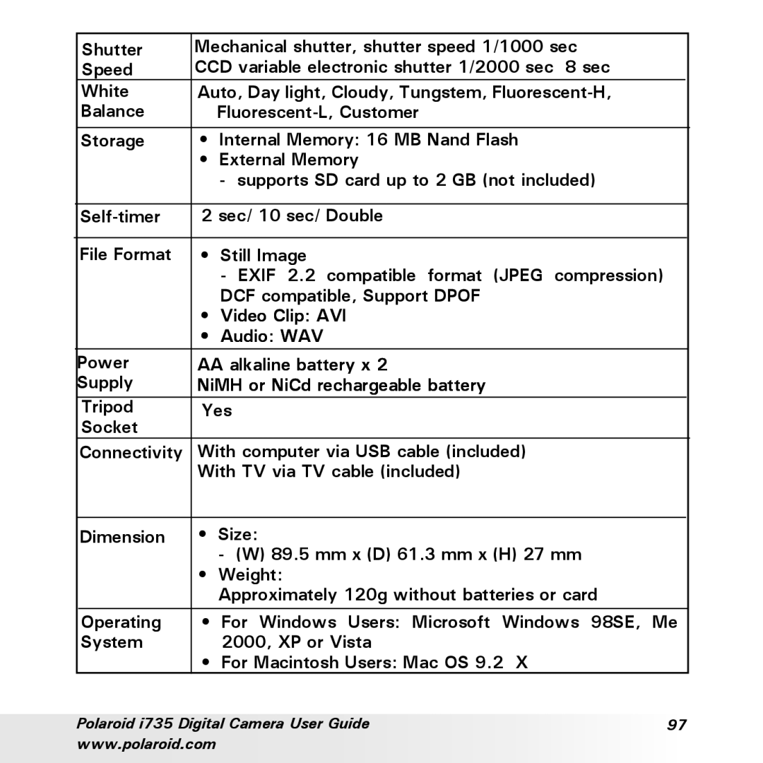 Polaroid manual Polaroid i735 Digital Camera User Guide 