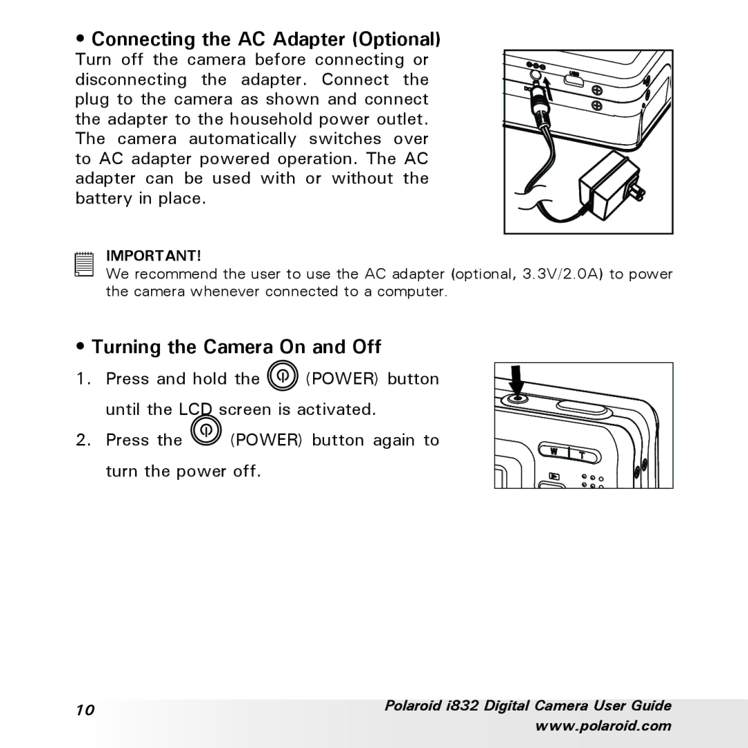 Polaroid i832 manual Connecting the AC Adapter Optional, Turning the Camera On and Off 