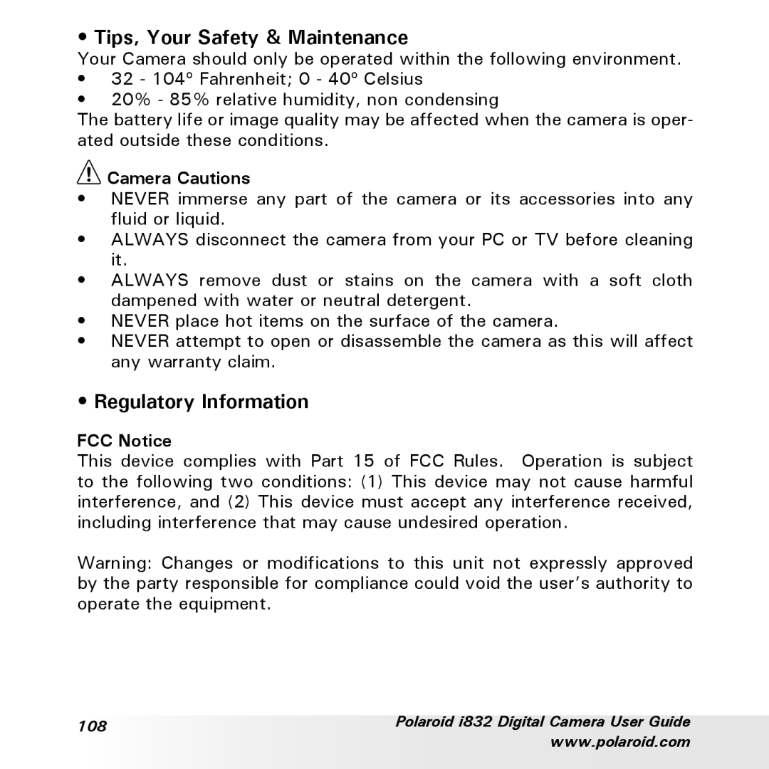 Polaroid i832 manual Tips, Your Safety & Maintenance, Regulatory Information, Camera Cautions, FCC Notice 