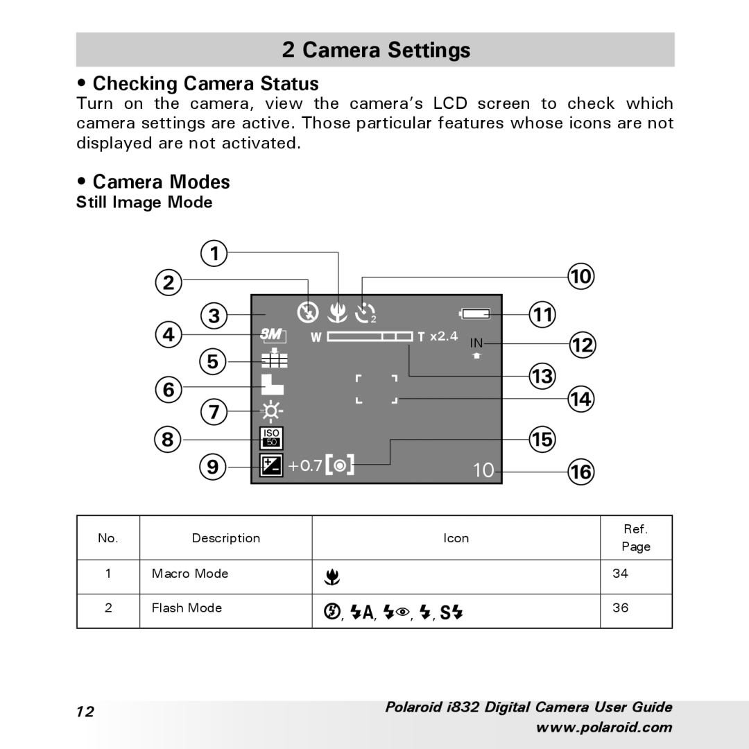 Polaroid i832 manual Camera Settings, Checking Camera Status, Camera Modes, Still Image Mode 