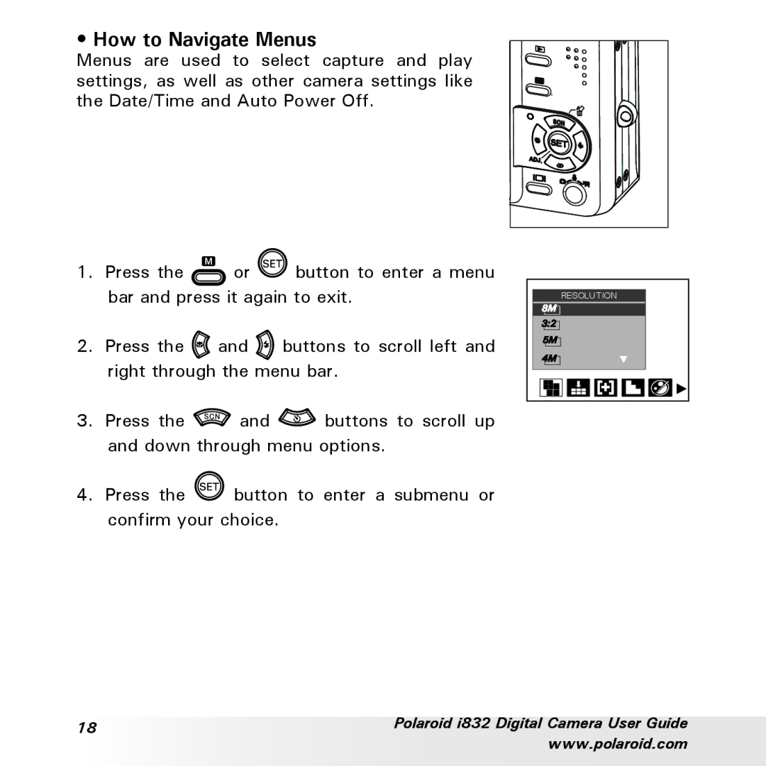 Polaroid i832 manual How to Navigate Menus 