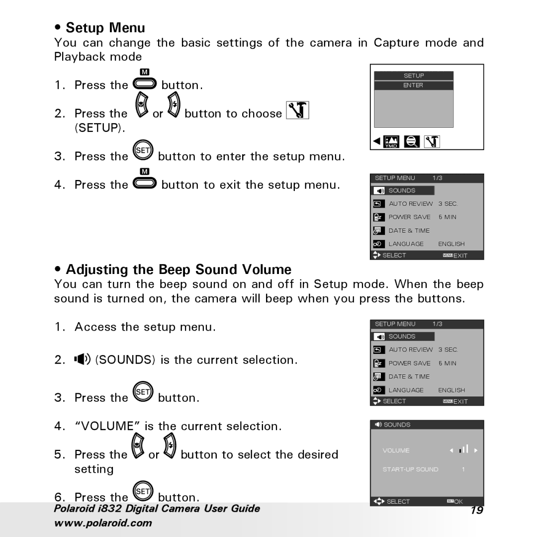 Polaroid i832 manual Setup Menu, Adjusting the Beep Sound Volume 