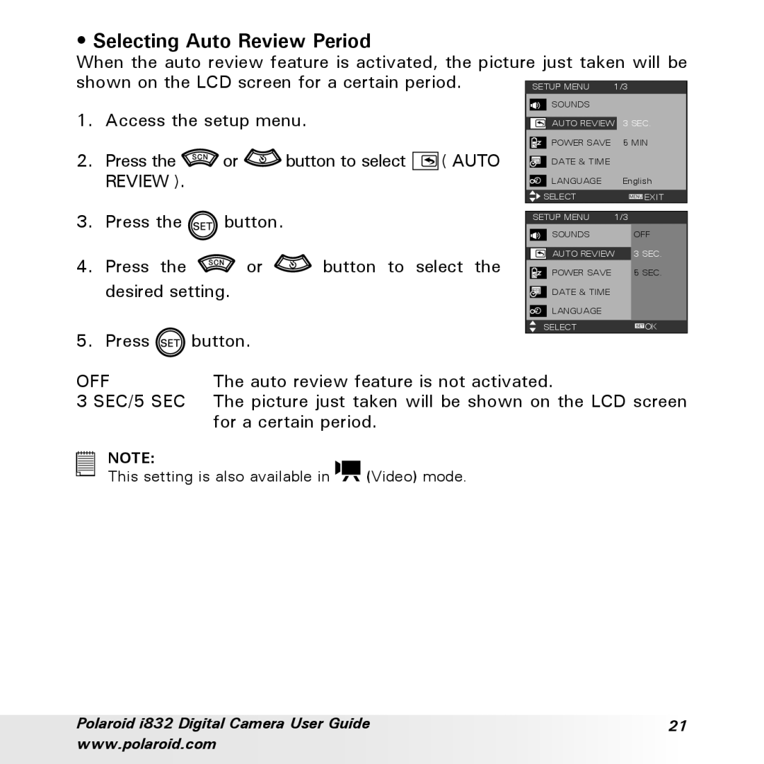 Polaroid i832 manual Selecting Auto Review Period 