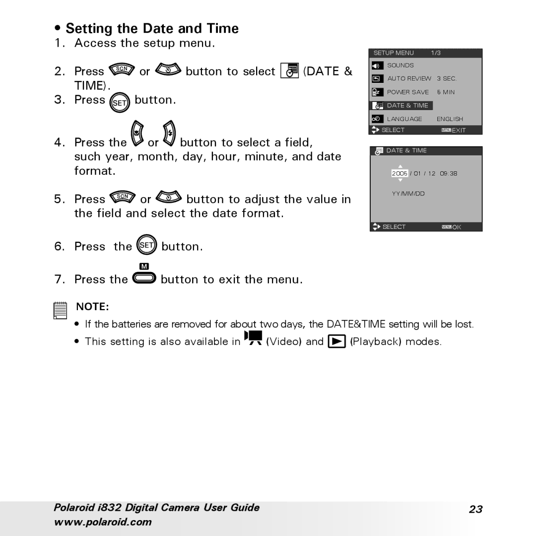 Polaroid i832 manual Setting the Date and Time, Press the button Press the button to exit the menu 