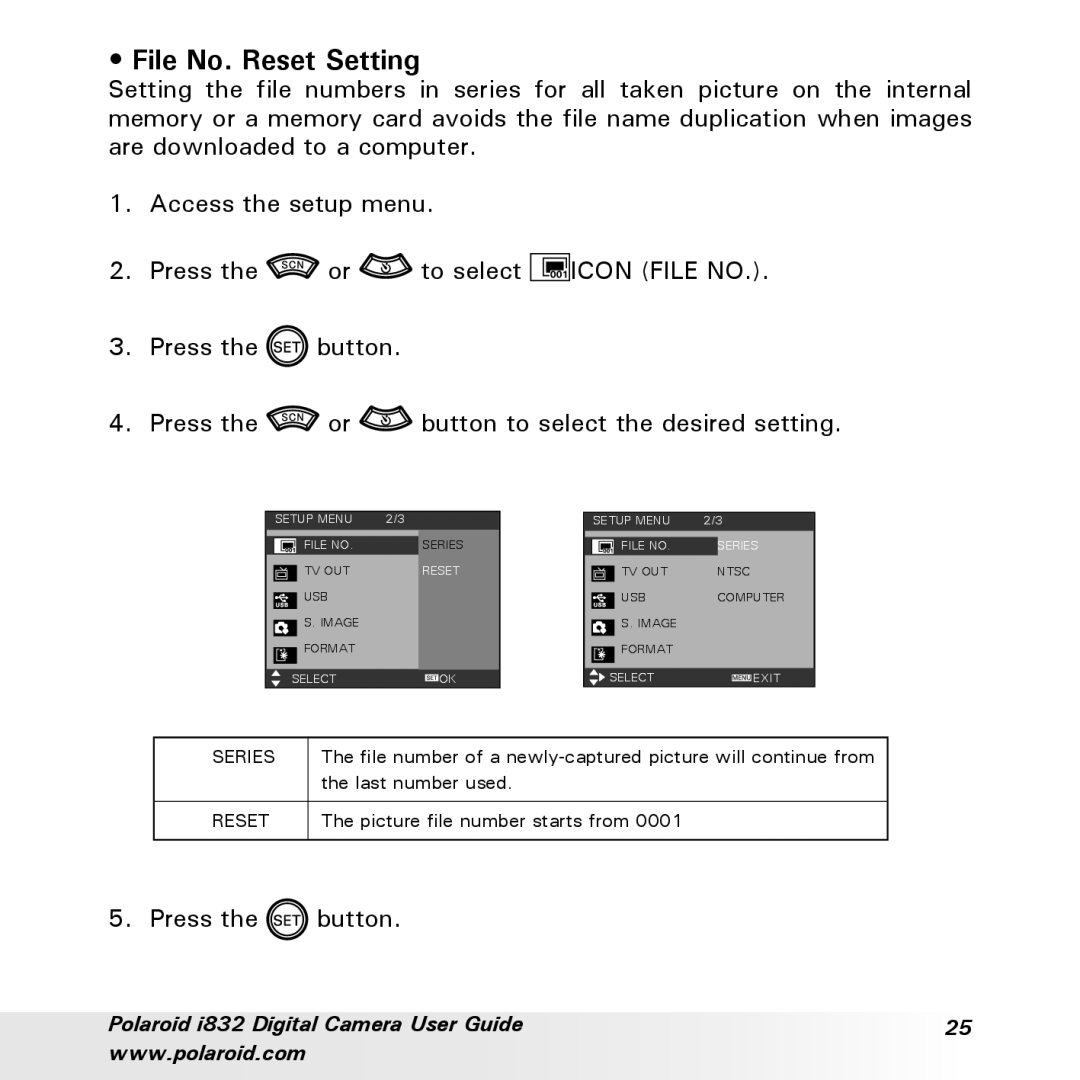 Polaroid i832 manual File No. Reset Setting 