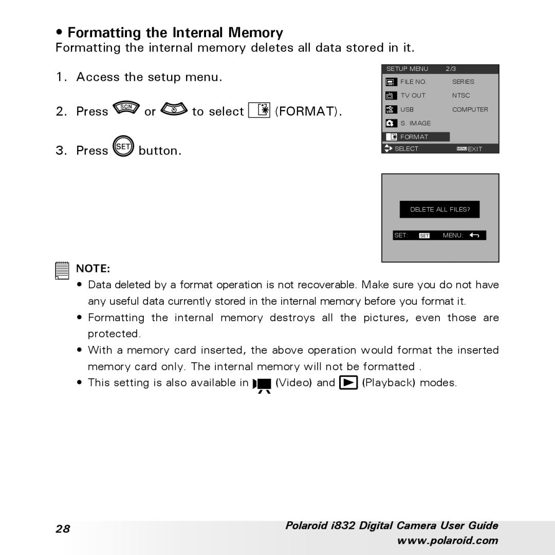 Polaroid i832 manual Formatting the Internal Memory 