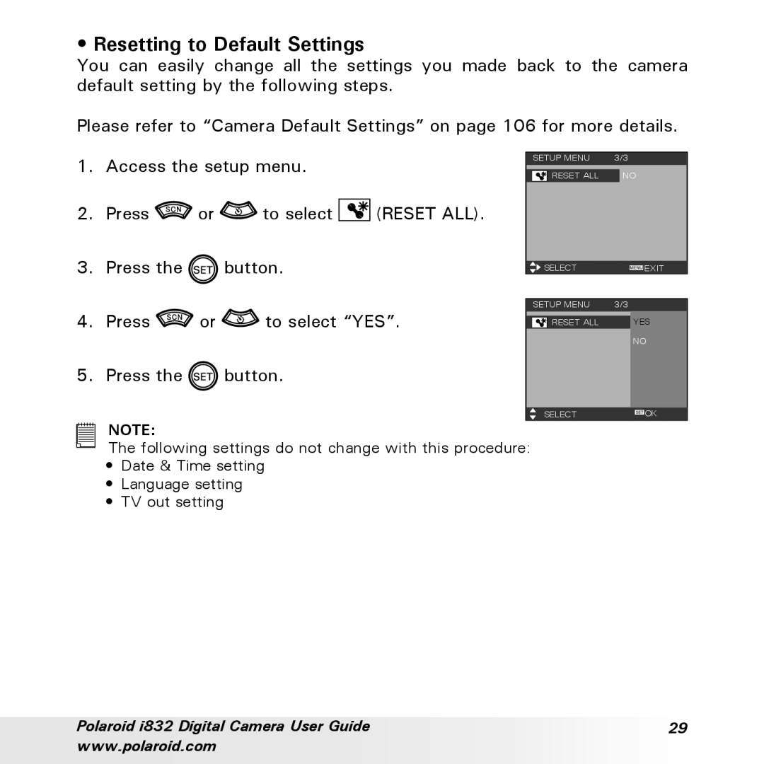 Polaroid i832 manual Resetting to Default Settings, Access the setup menu 