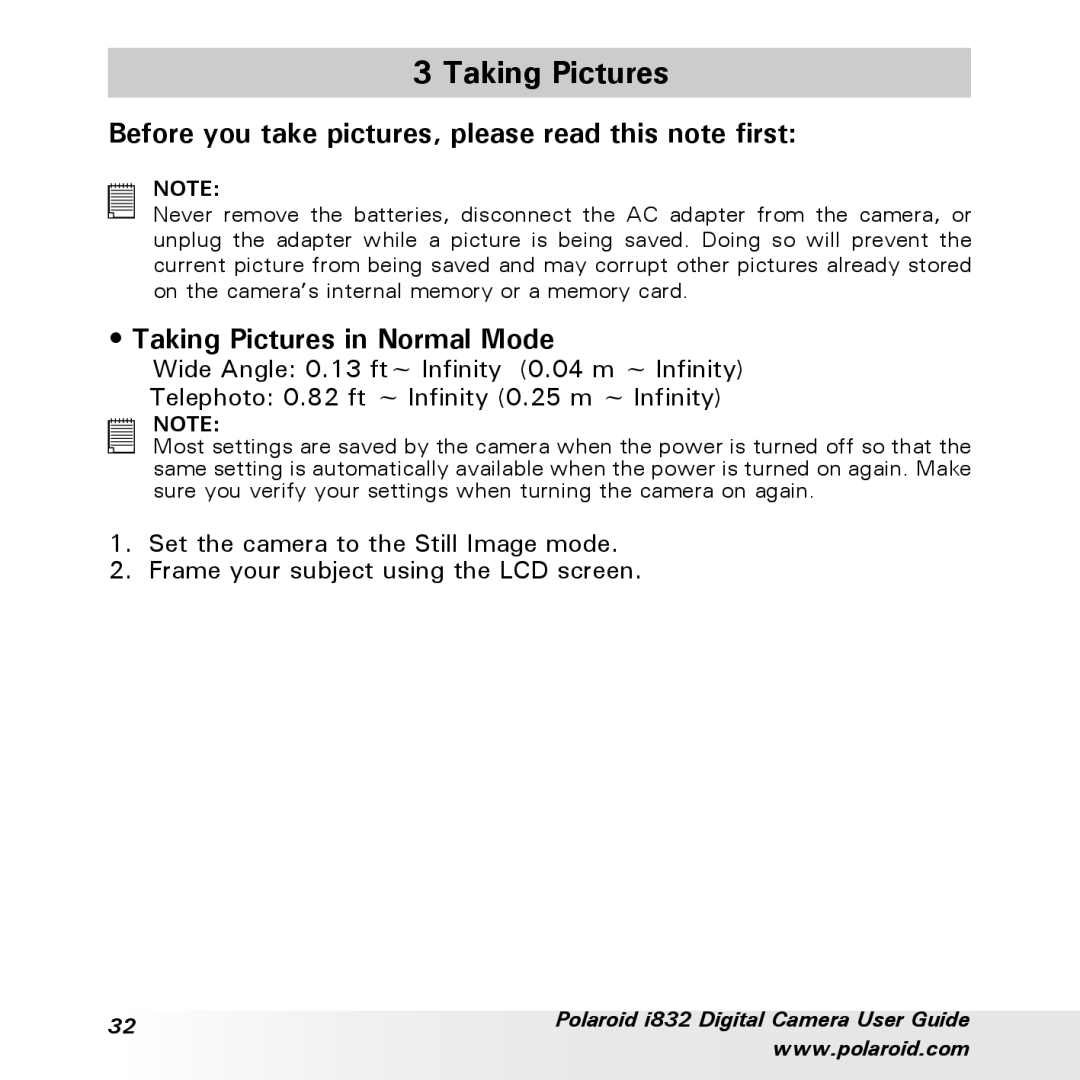 Polaroid i832 manual Before you take pictures, please read this note first, Taking Pictures in Normal Mode 