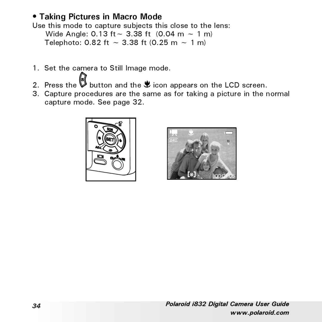 Polaroid i832 manual Taking Pictures in Macro Mode 