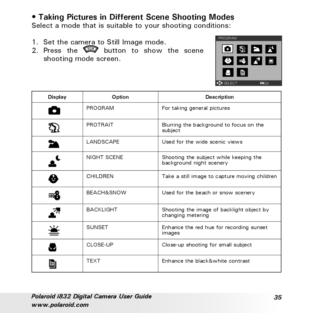 Polaroid i832 manual Taking Pictures in Different Scene Shooting Modes, Display Option Description 