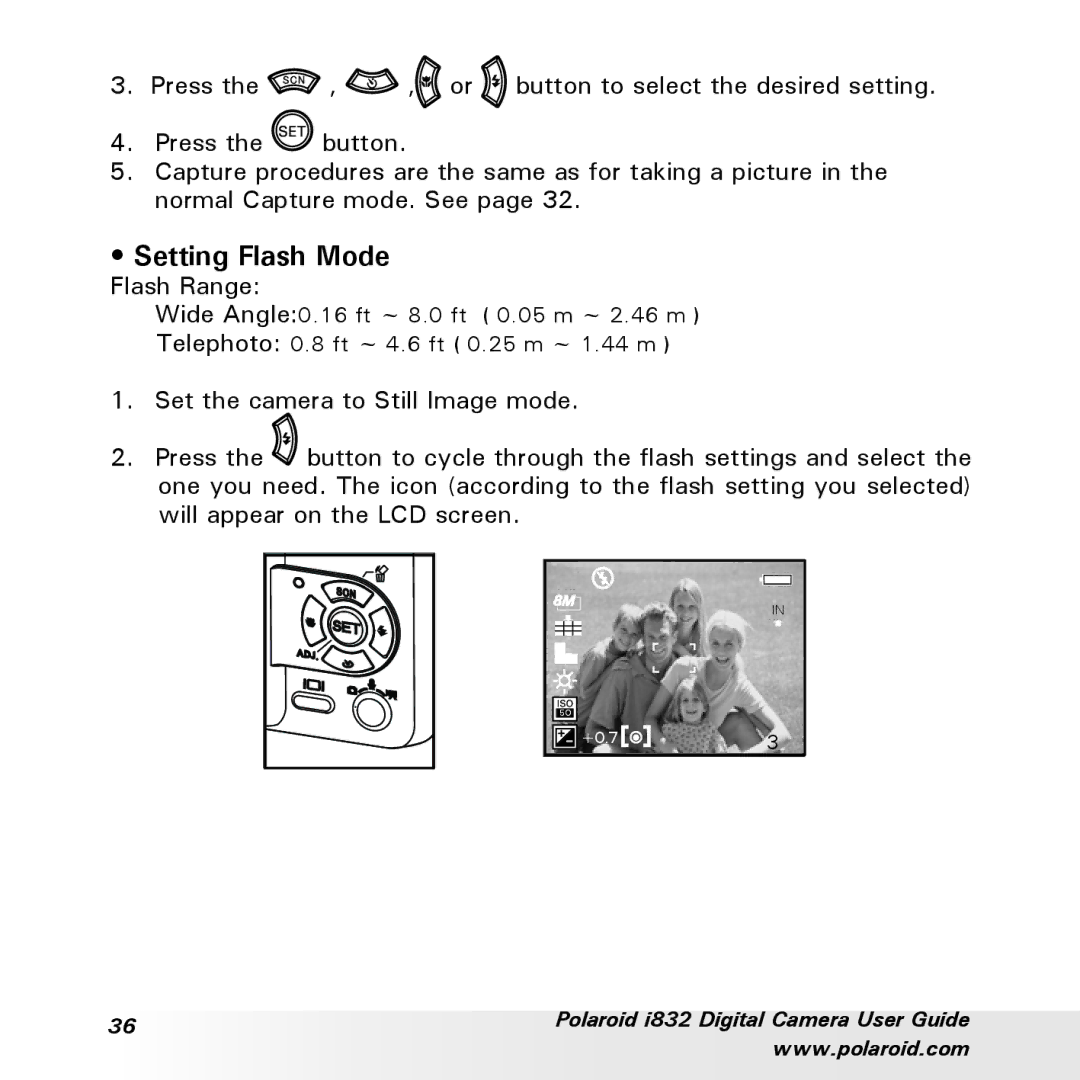 Polaroid i832 manual Setting Flash Mode 