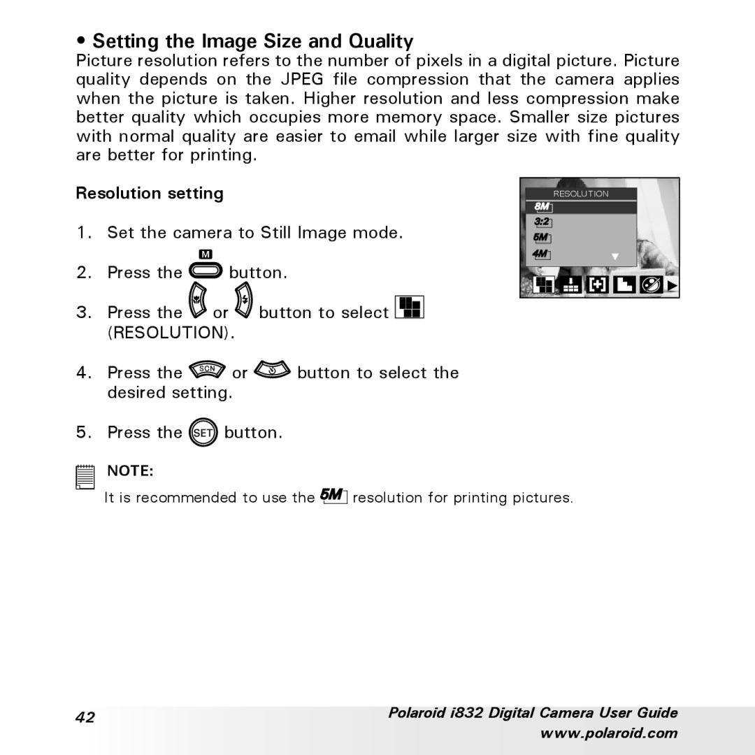 Polaroid i832 manual Setting the Image Size and Quality, Resolution setting 