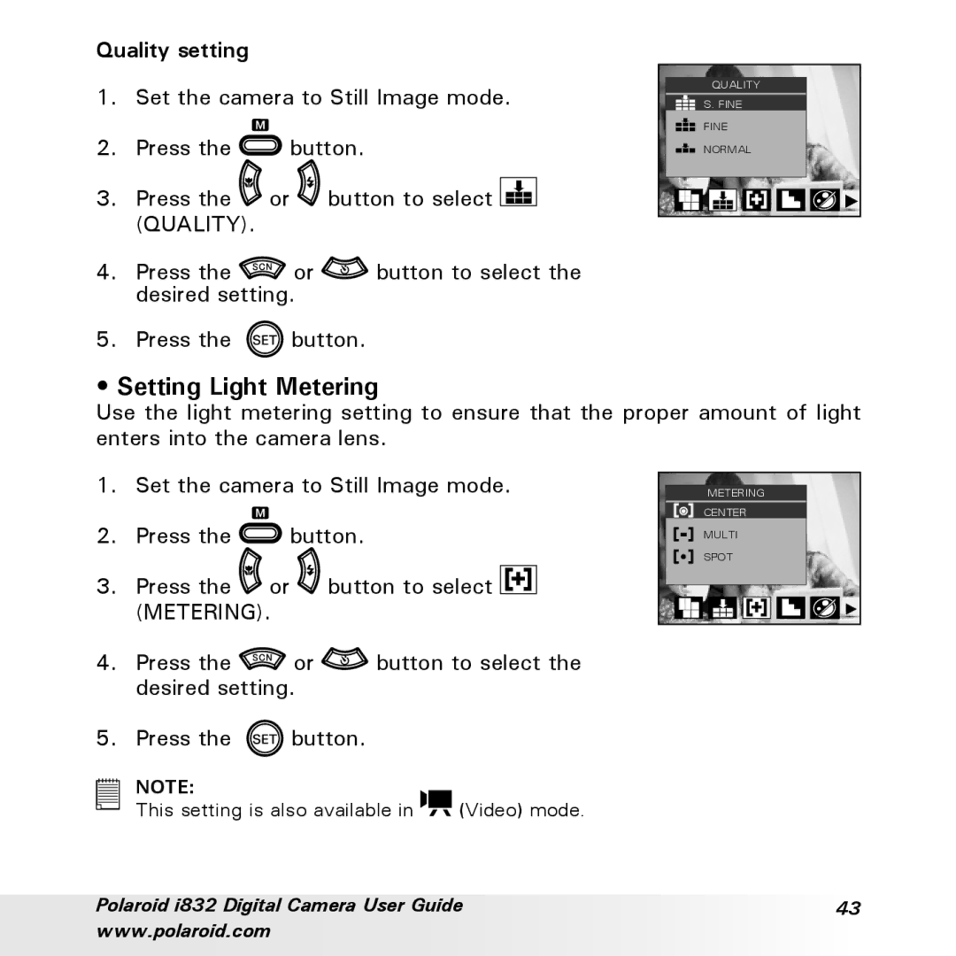 Polaroid i832 manual Setting Light Metering, Quality setting 