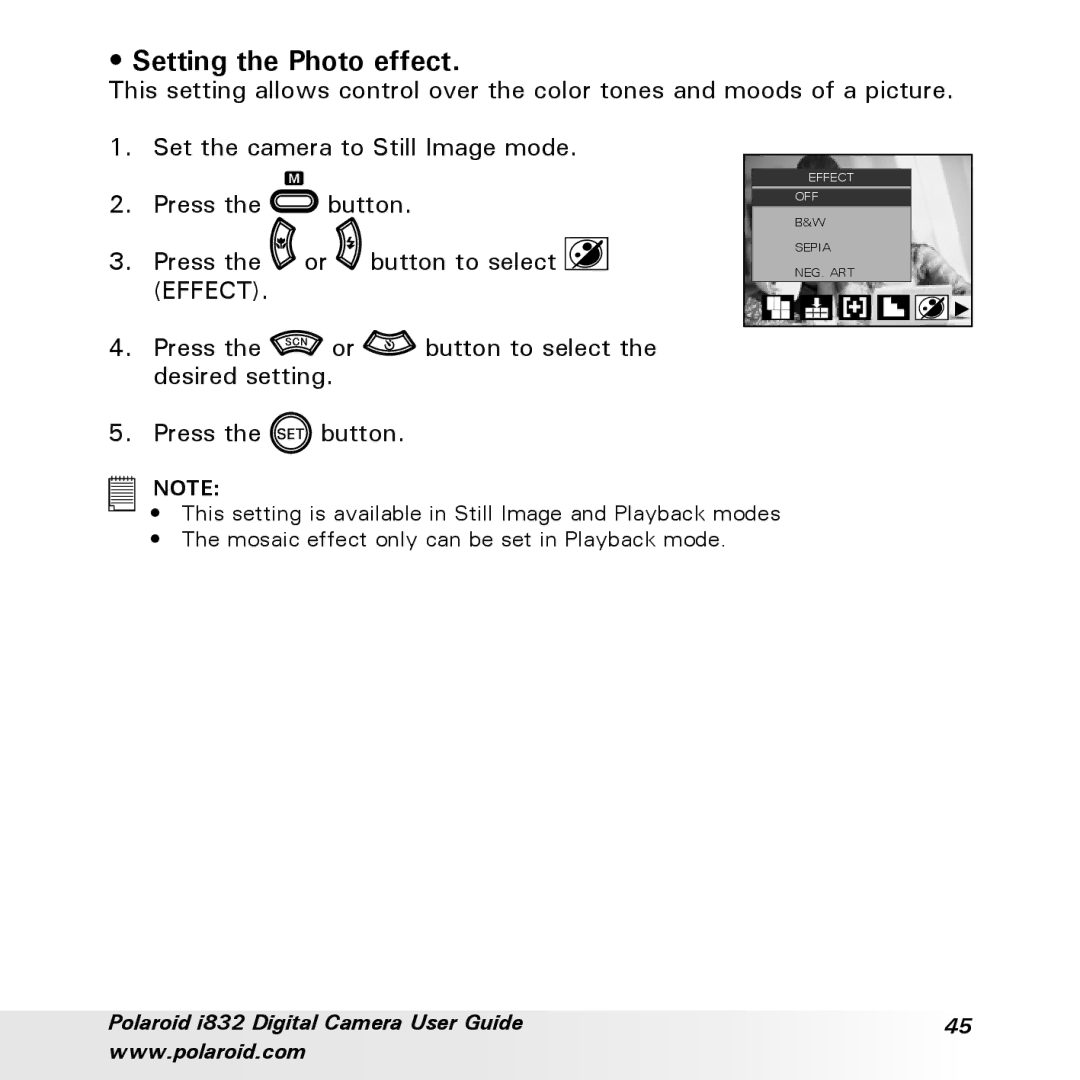 Polaroid i832 manual Setting the Photo effect 