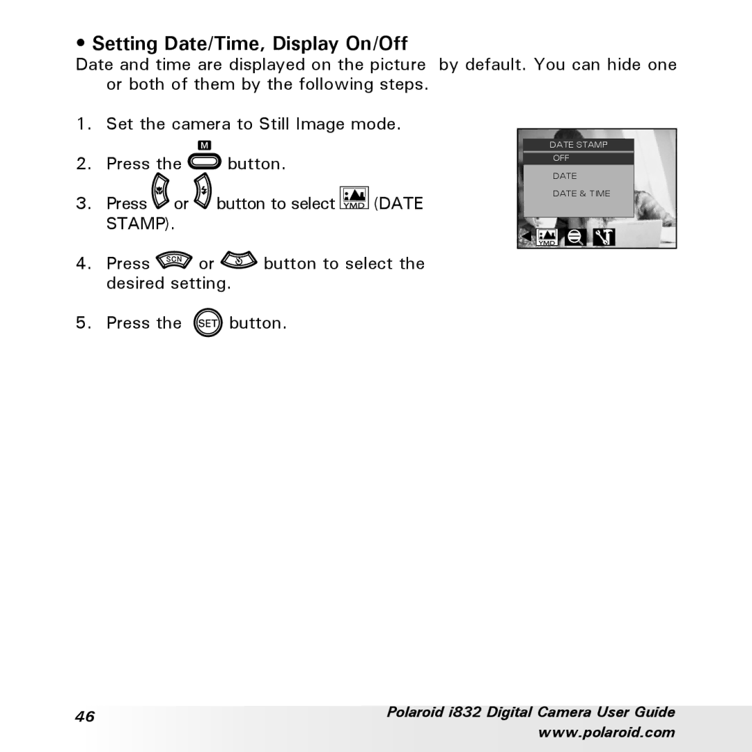 Polaroid i832 manual Setting Date/Time, Display On/Off 