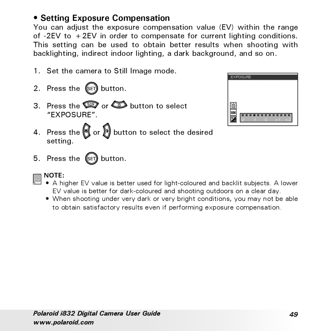 Polaroid i832 manual Setting Exposure Compensation 