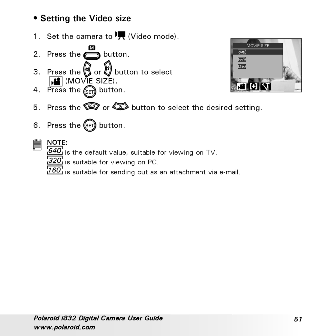 Polaroid i832 manual Setting the Video size 