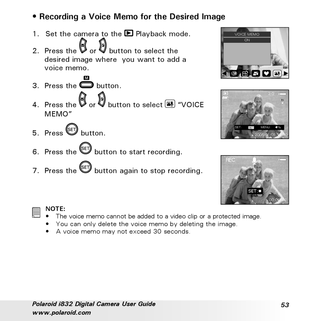 Polaroid i832 manual Recording a Voice Memo for the Desired Image, Press Button again to stop recording 