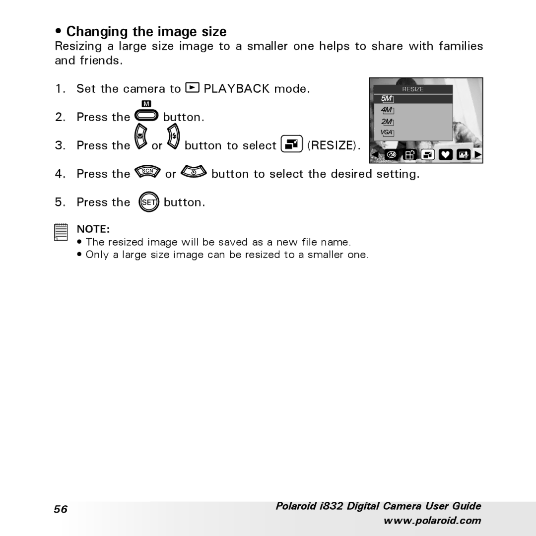 Polaroid i832 manual Changing the image size 