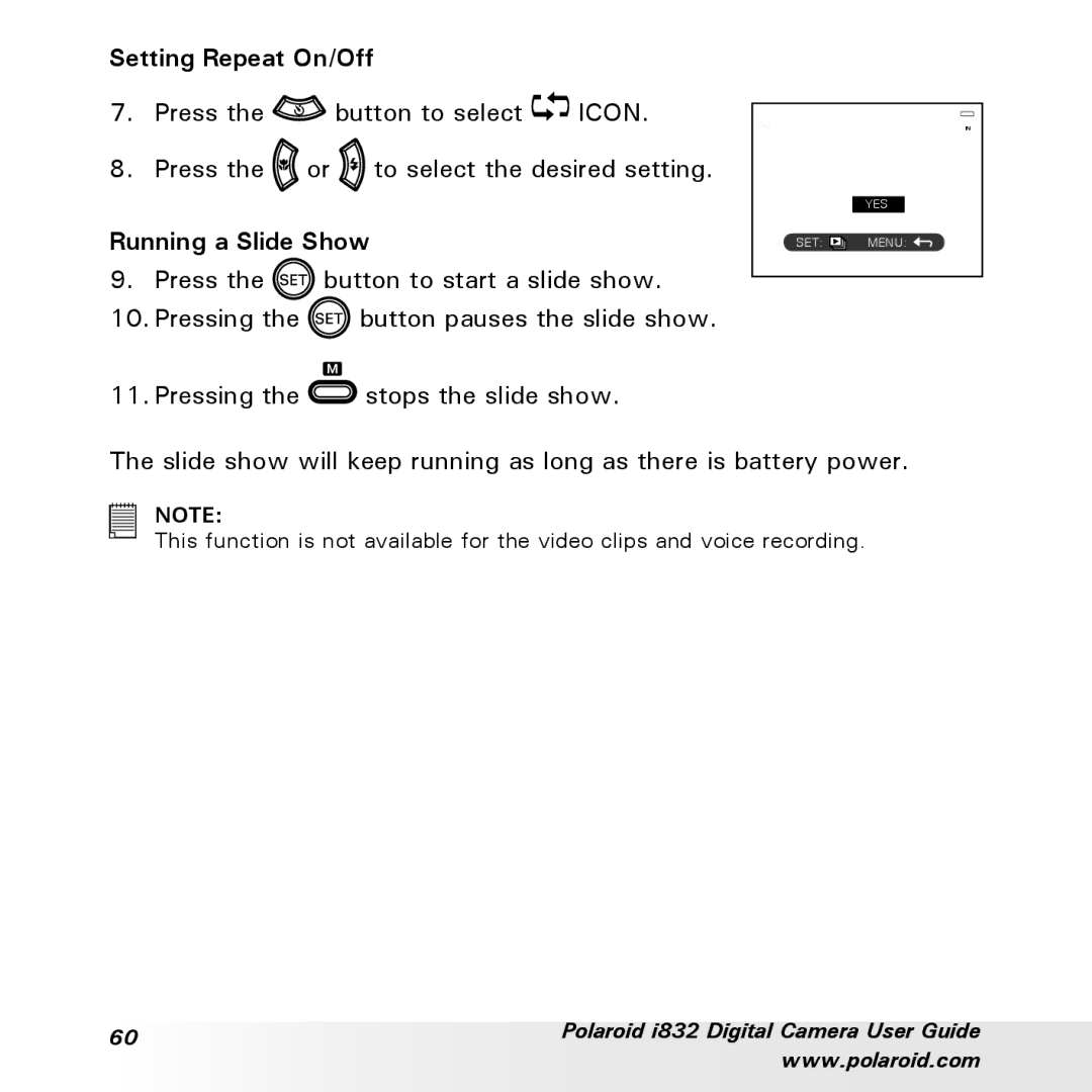 Polaroid i832 manual Setting Repeat On/Off, Running a Slide Show 