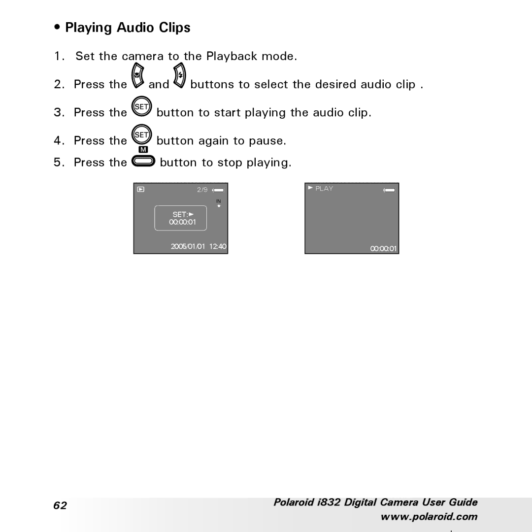 Polaroid i832 manual Playing Audio Clips 