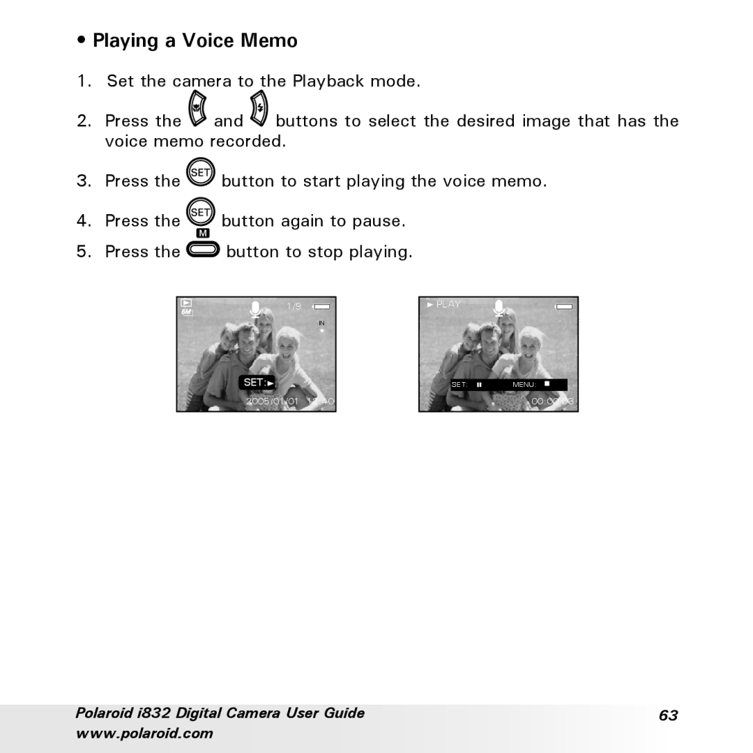 Polaroid i832 manual Playing a Voice Memo 