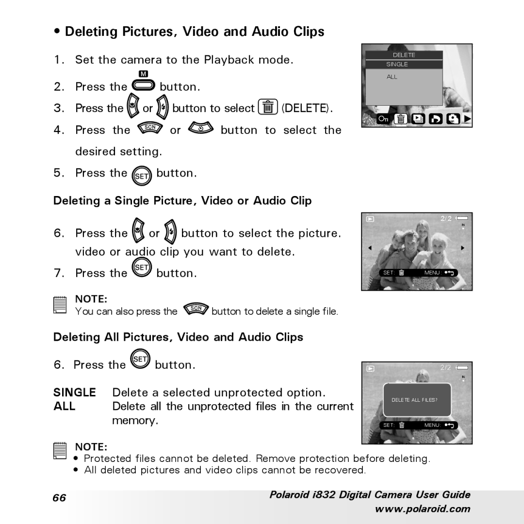 Polaroid i832 manual Deleting Pictures, Video and Audio Clips, Deleting a Single Picture, Video or Audio Clip 