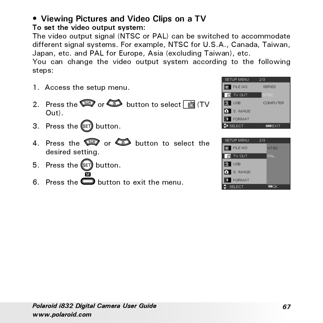 Polaroid i832 manual Viewing Pictures and Video Clips on a TV, To set the video output system 