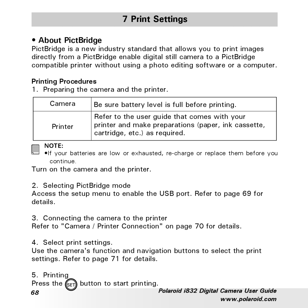 Polaroid i832 manual Print Settings, About PictBridge, Printing Procedures 