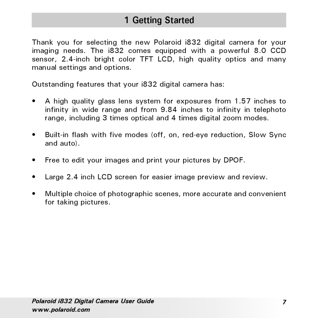 Polaroid i832 manual Getting Started 