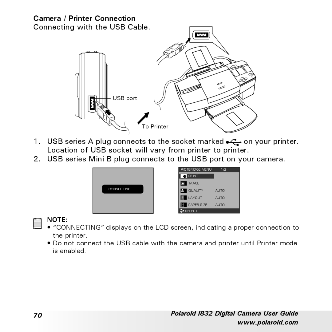 Polaroid i832 manual Camera / Printer Connection 