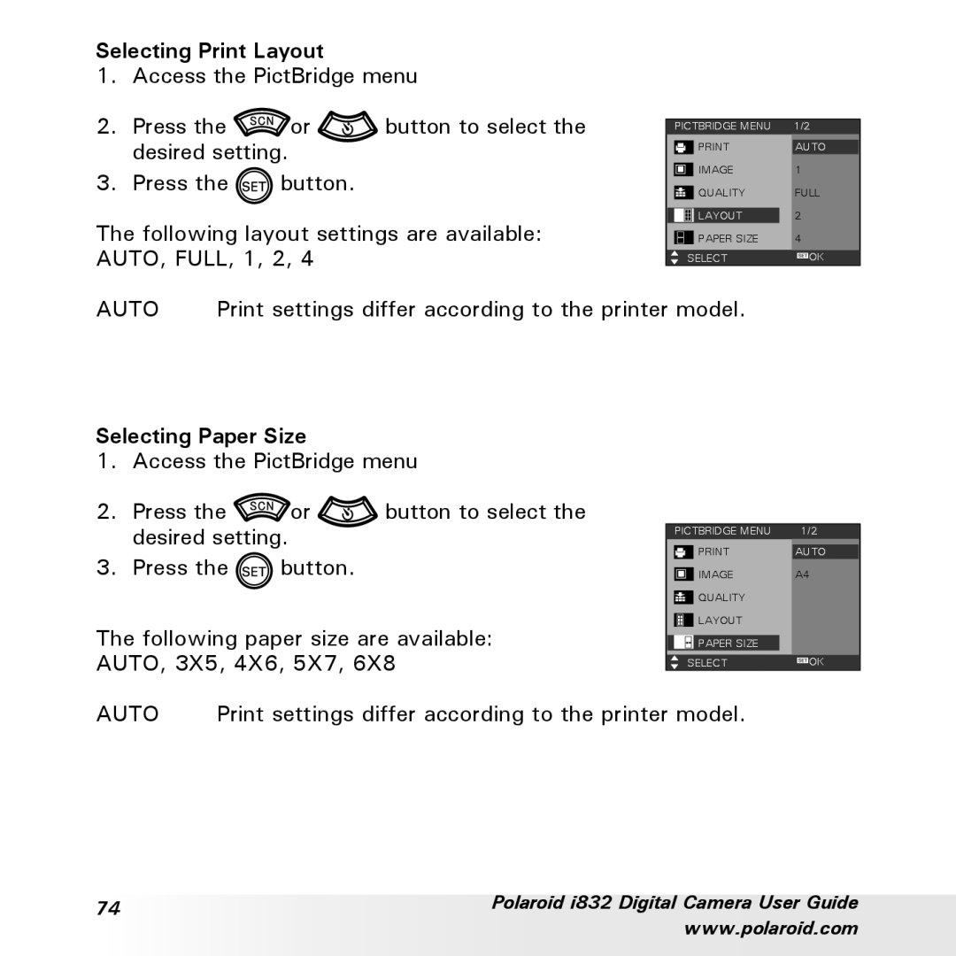 Polaroid i832 manual Selecting Print Layout, Selecting Paper Size 