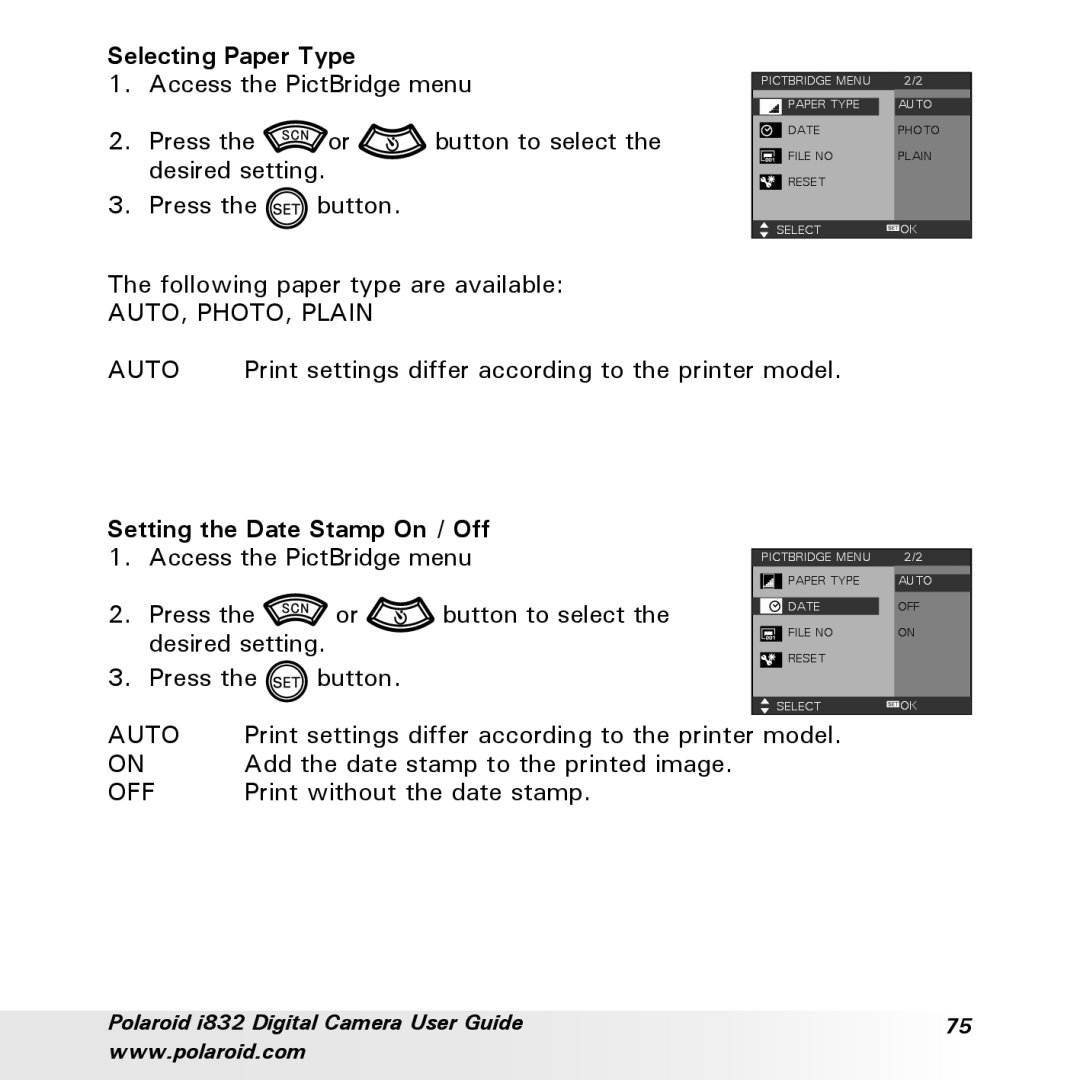 Polaroid i832 manual Selecting Paper Type, Setting the Date Stamp On / Off 