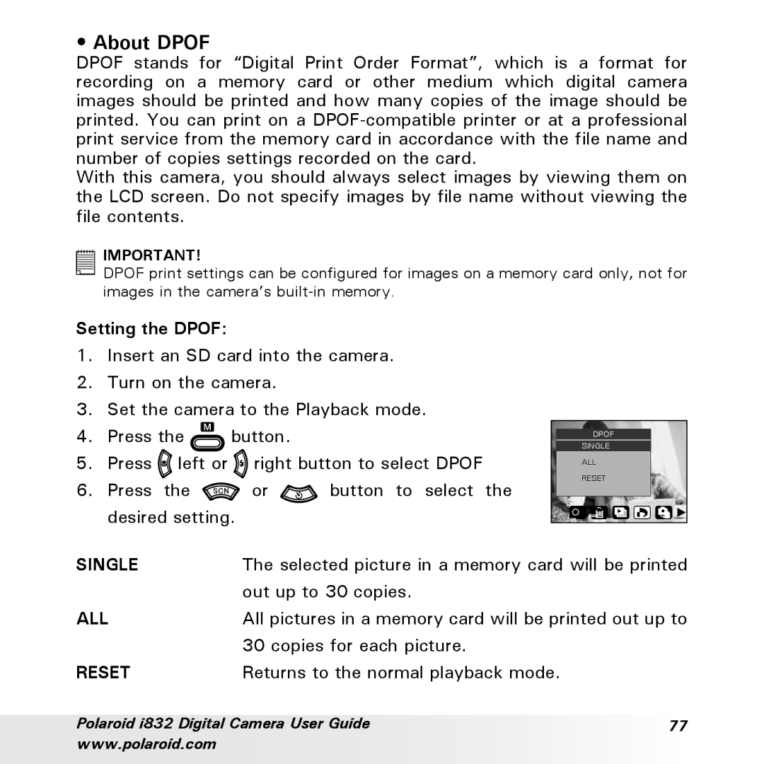 Polaroid i832 manual About Dpof, Setting the Dpof 